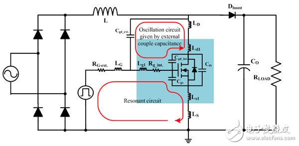 包含功率MOSFET內(nèi)外部寄生元件的PFC電路簡圖