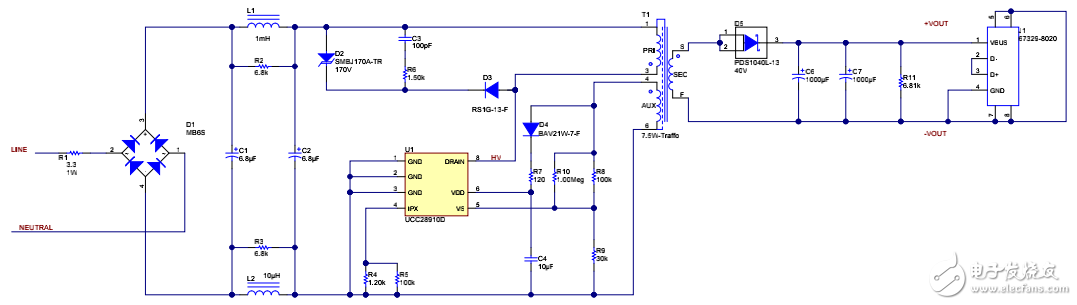 85VAC-265VAC 輸入、5V7.5W 低成本、小尺寸反激電路原理圖的分享